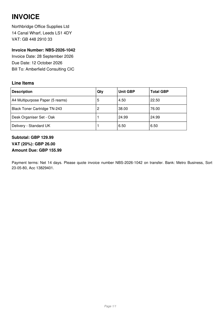 Preview of synthetic invoice PDF used as conversion source